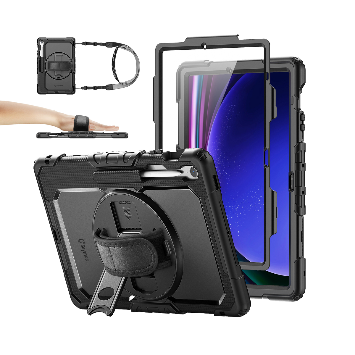 Samsung Galaxy Tab S10 FE+ 13.1-Inch rugged case with hand strap, black