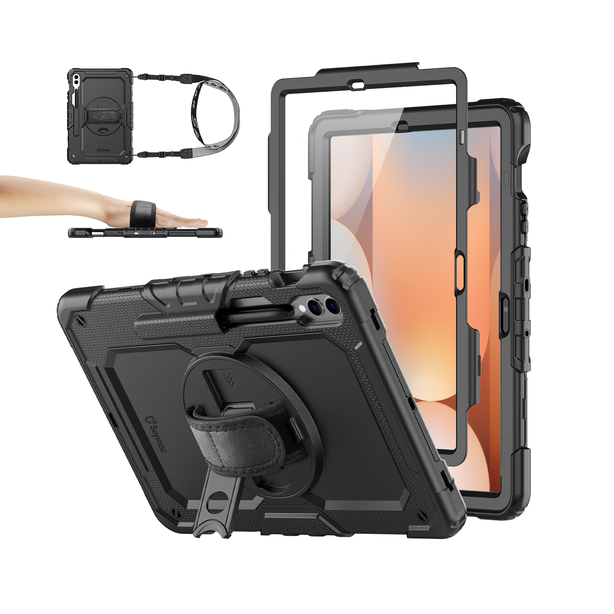 Samsung Galaxy Tab S10+/S9 FE+/S9+ 12.4-Inch rugged case with hand strap, black