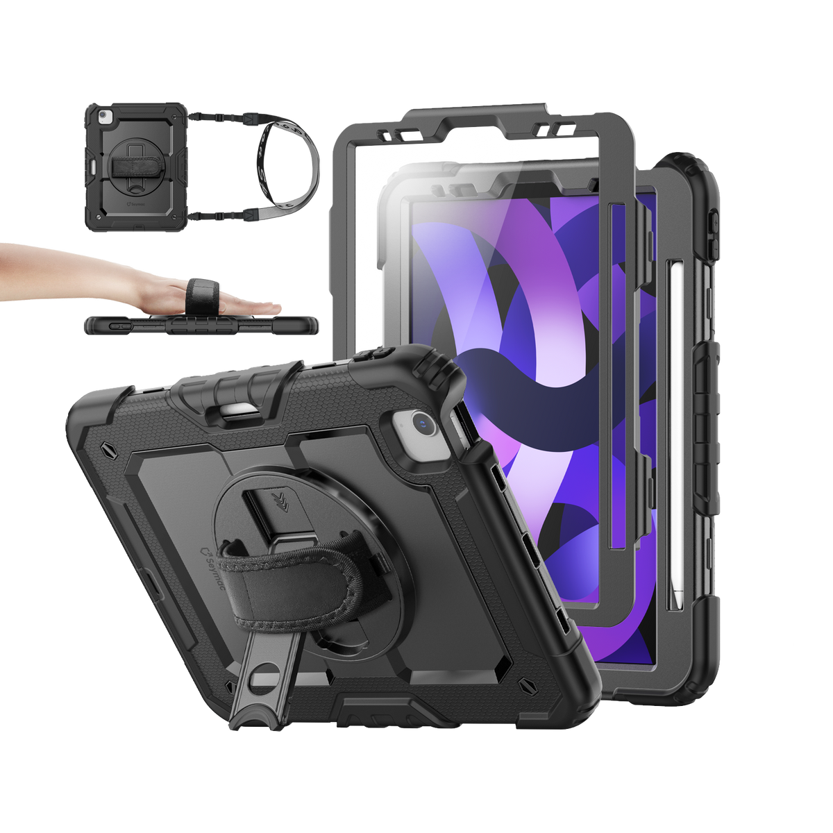 iPad Air (4th/5th Gen) 10.9-Inch rugged case with hand strap, black
