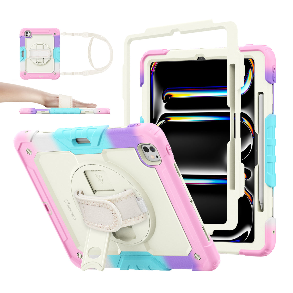 iPad Pro 13 Inch (M5/M4) rugged case with hand strap, Rainbow Pink