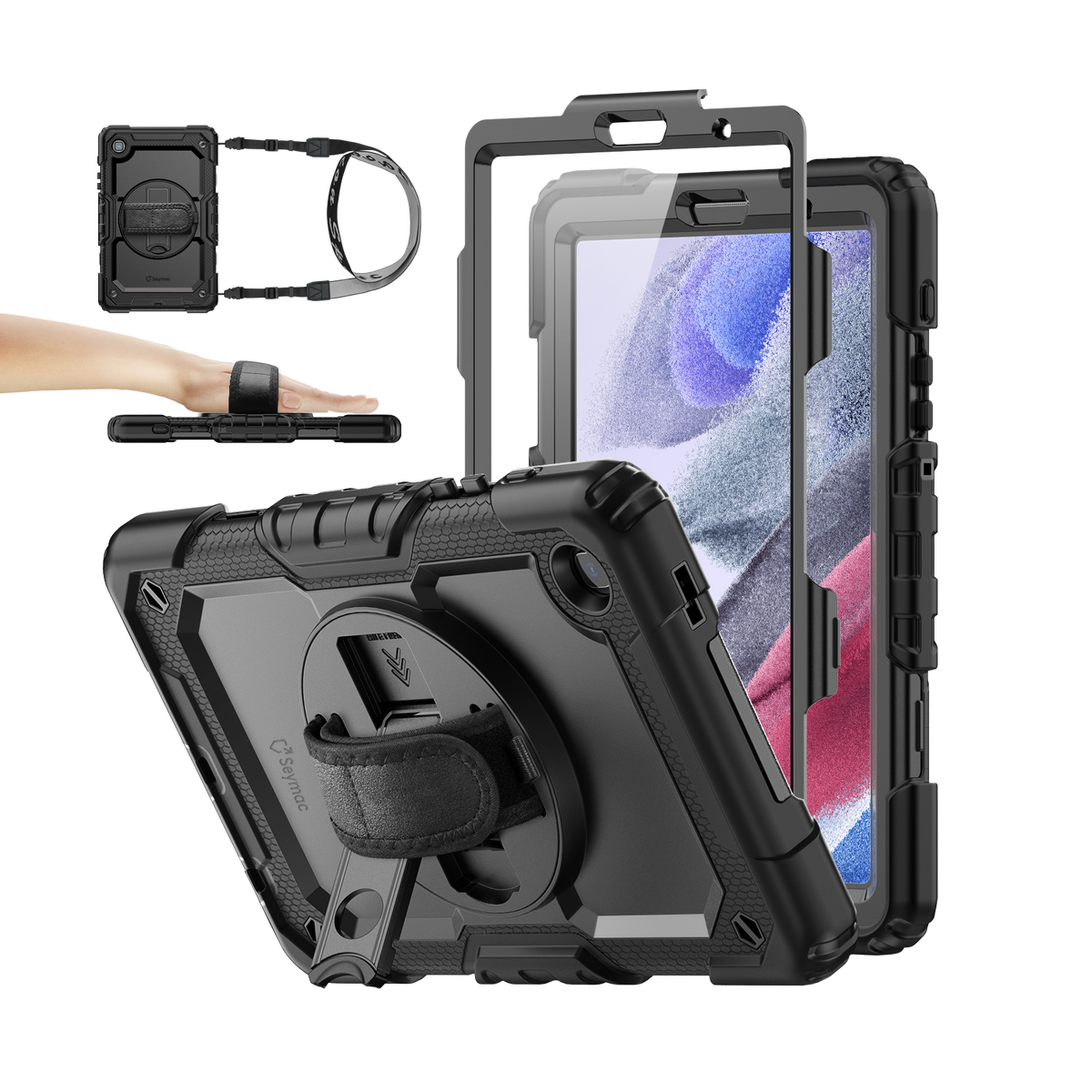 Samsung Galaxy Tab A7 Lite 8.7-Inch rugged case with hand strap, black