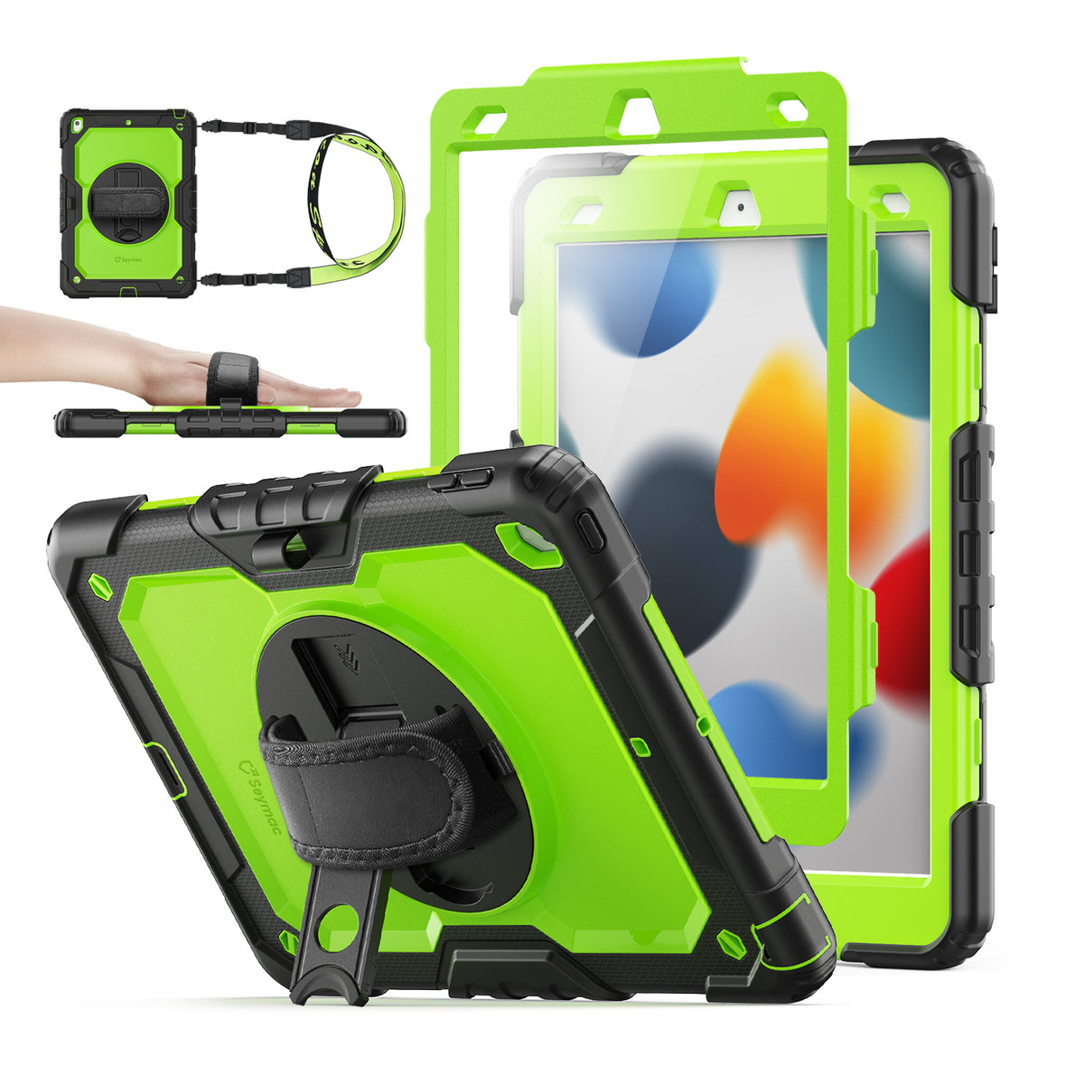 iPad 10.2 Inch 7th/8th/9th Gen rugged case with hand strap, Lime Green