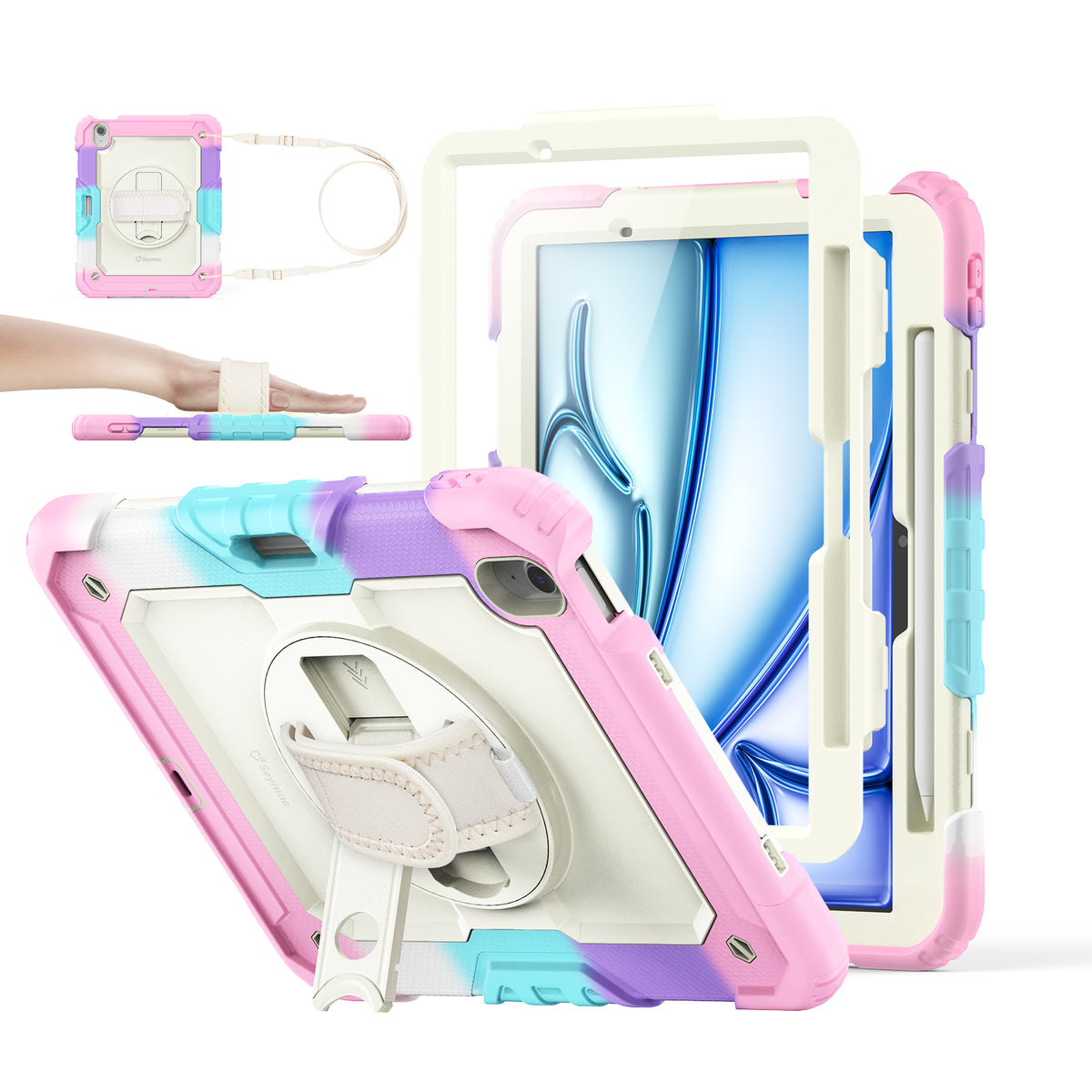 iPad Air 11-Inch (M4/M2/M3) rugged case with hand strap, Rainbow Pink