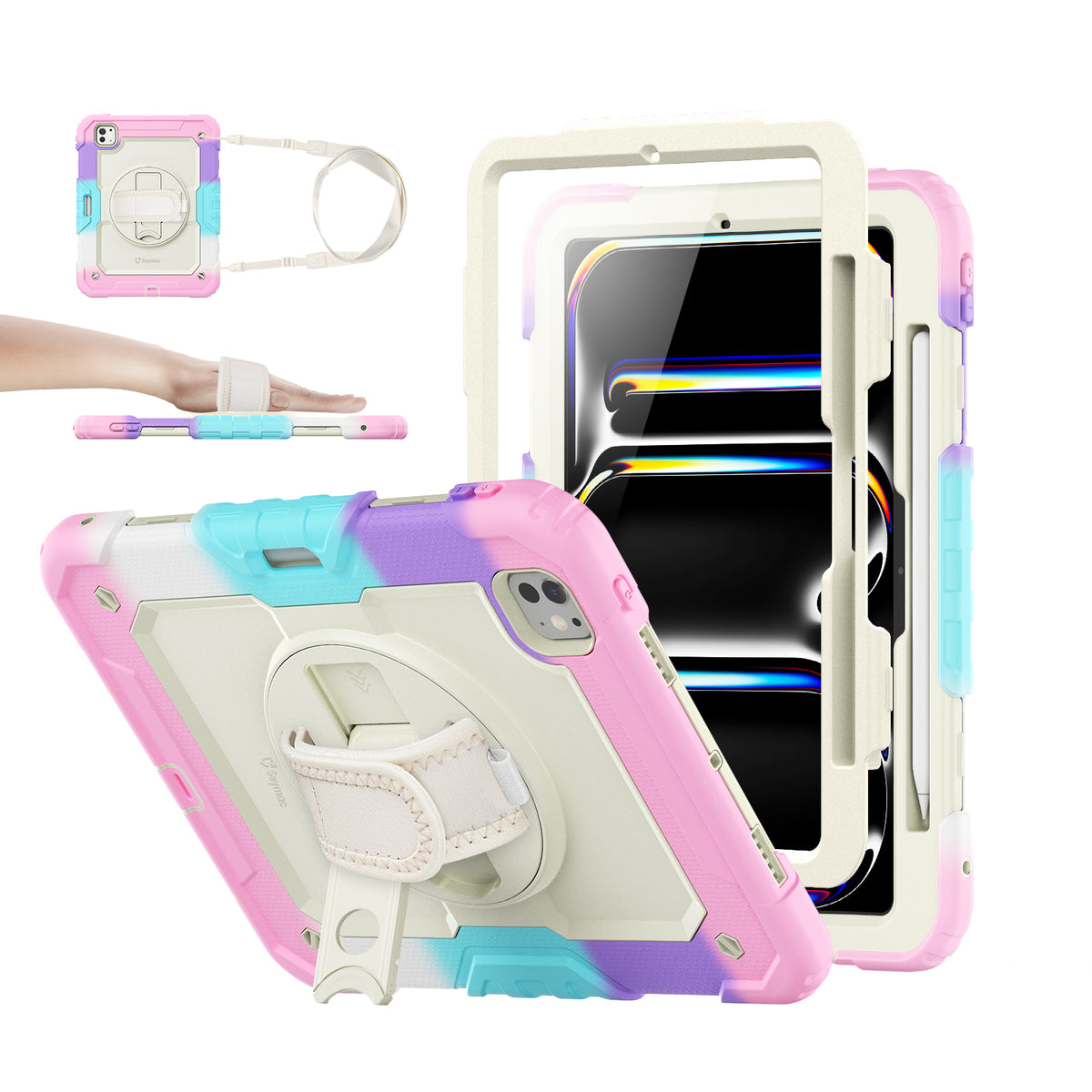 iPad Pro 11 Inch (M5/M4) rugged case with hand strap, Rainbow Pink