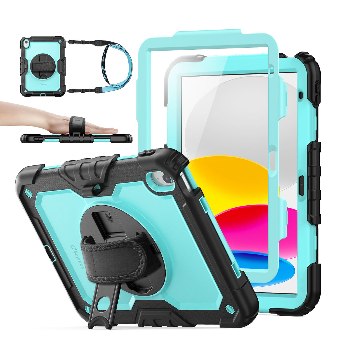 iPad A16/10th Gen rugged case with hand strap, SkyBlue
