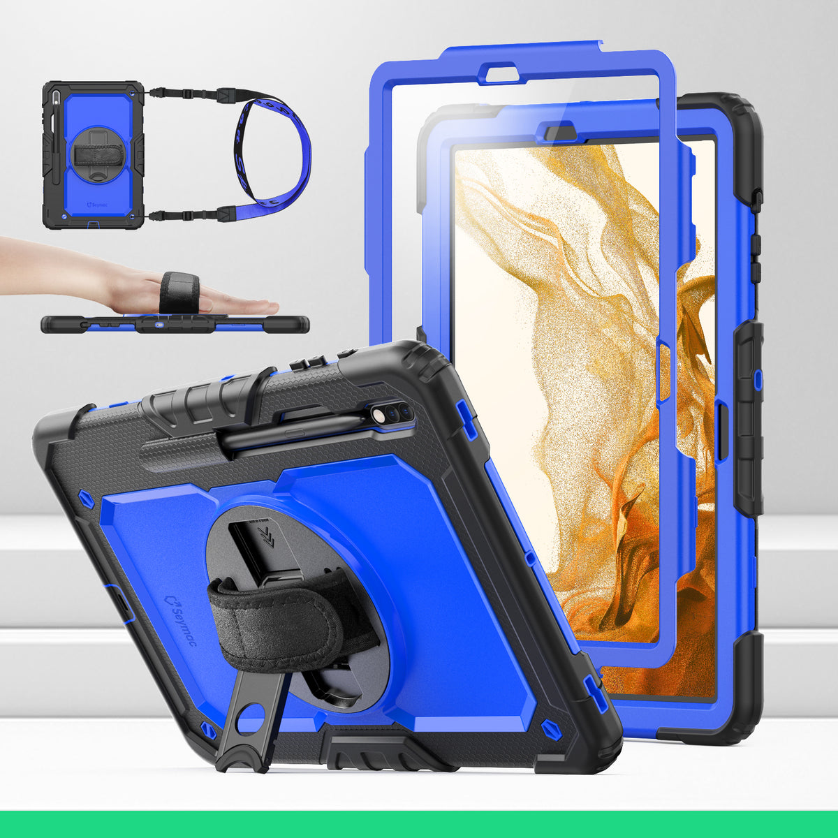 Samsung Galaxy Tab S8+/S7+/S7 FE 12.4 Inch rugged case with hand strap, Blue
