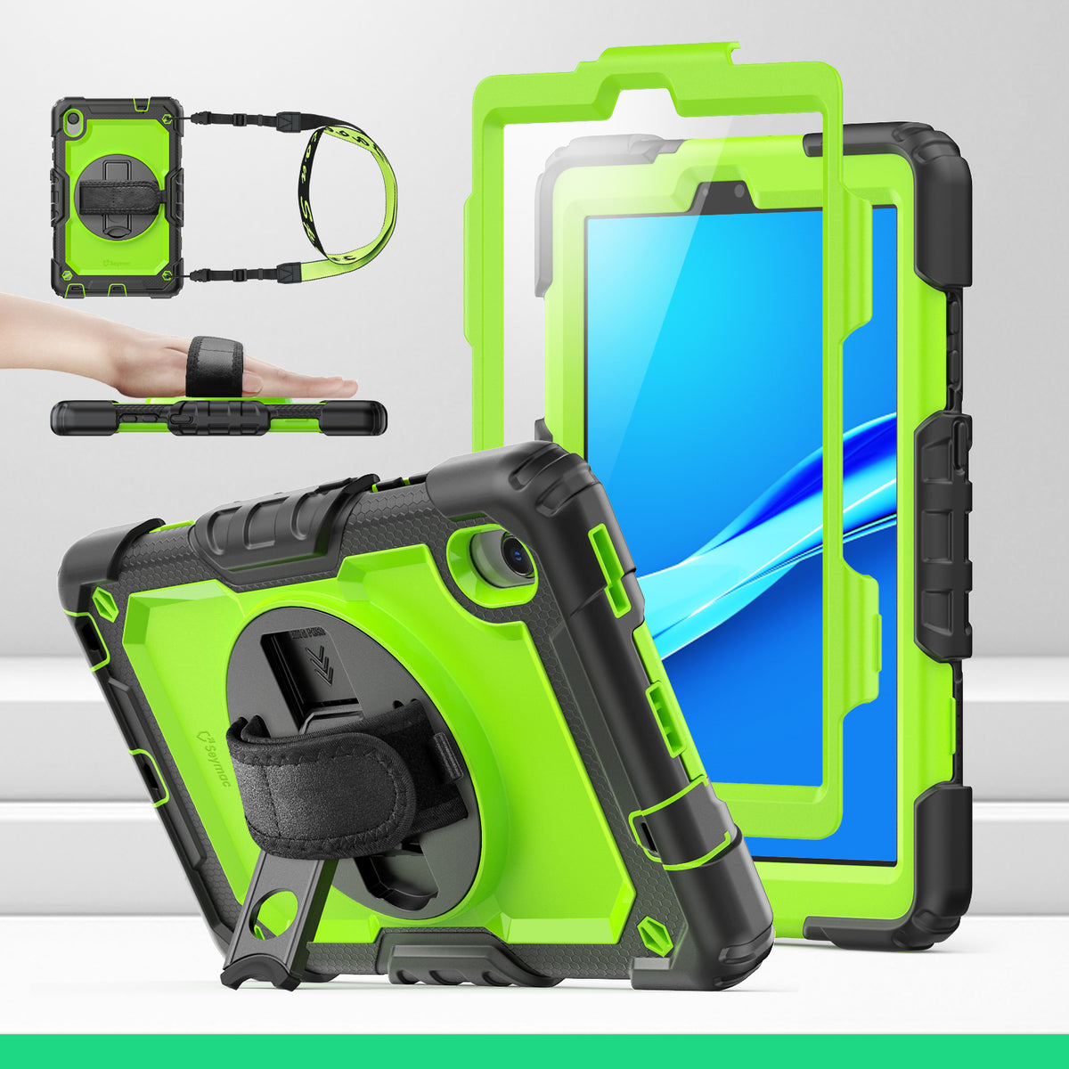 Lenovo Tab M8 (2nd/3rd) 8-Inch rugged case with hand strap, Lime Green