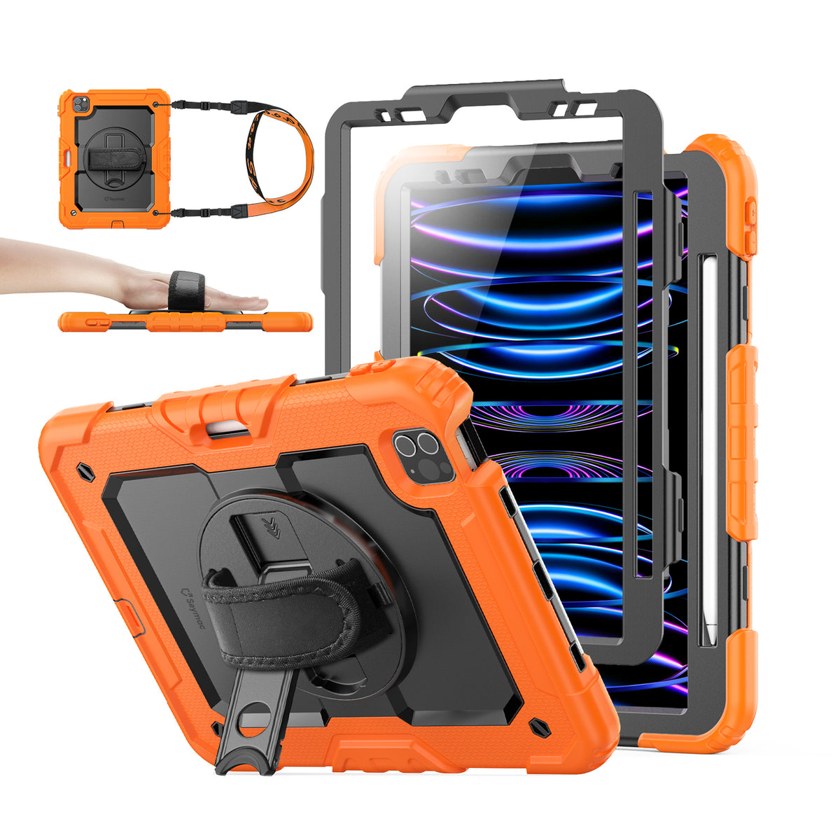 iPad Pro 11" (4th/3rd/2nd/1st Gen) rugged case with hand strap, Orange