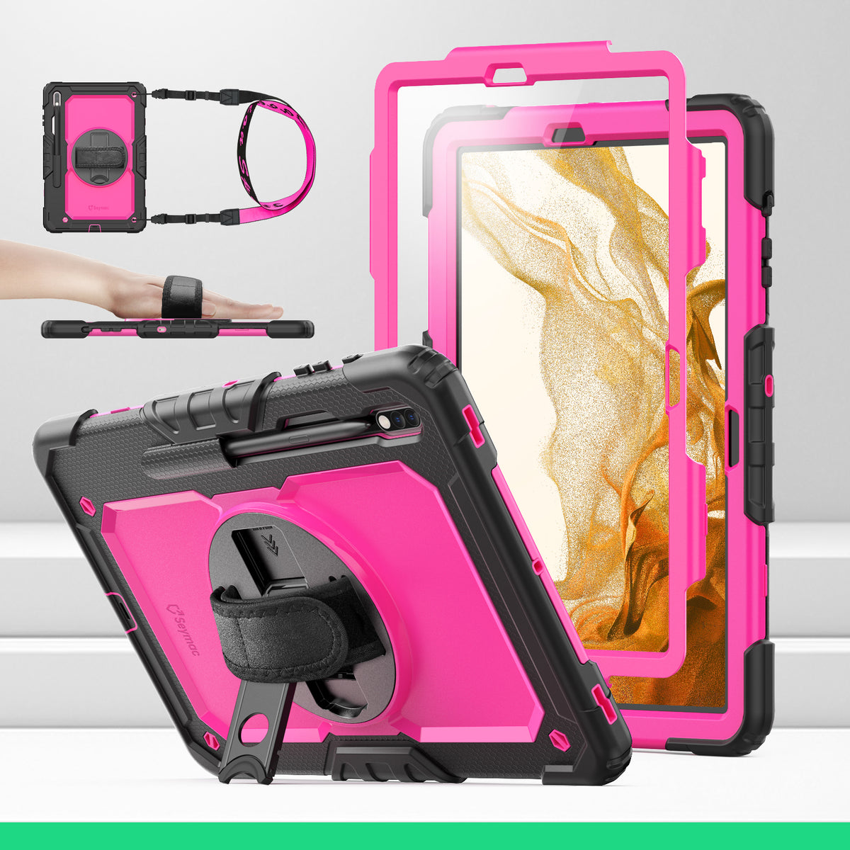 Samsung Galaxy Tab S8+/S7+/S7 FE 12.4 Inch rugged case with hand strap, DeepPink