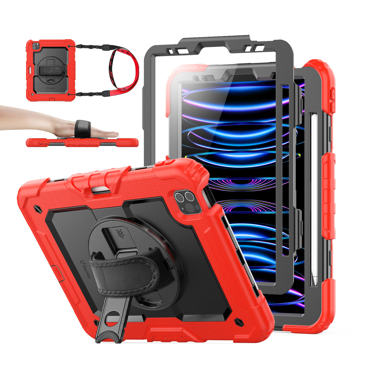 iPad Pro 11" (4th/3rd/2nd/1st Gen) rugged case with hand strap, Red