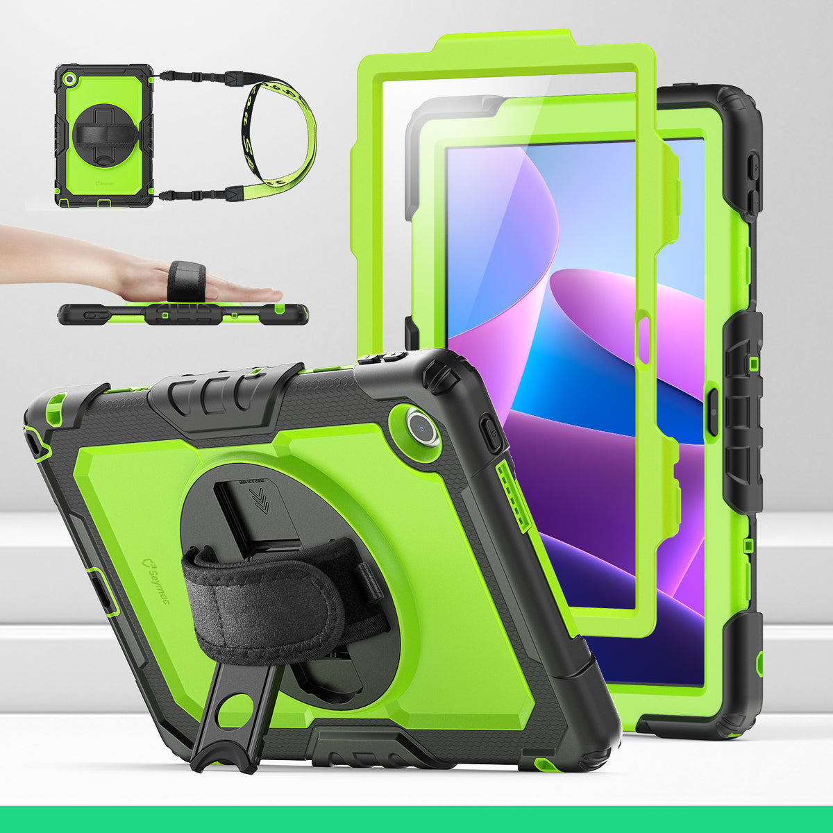 Lenovo Tab M10 10.1-Inch (2025) rugged case with hand strap, Lime Green