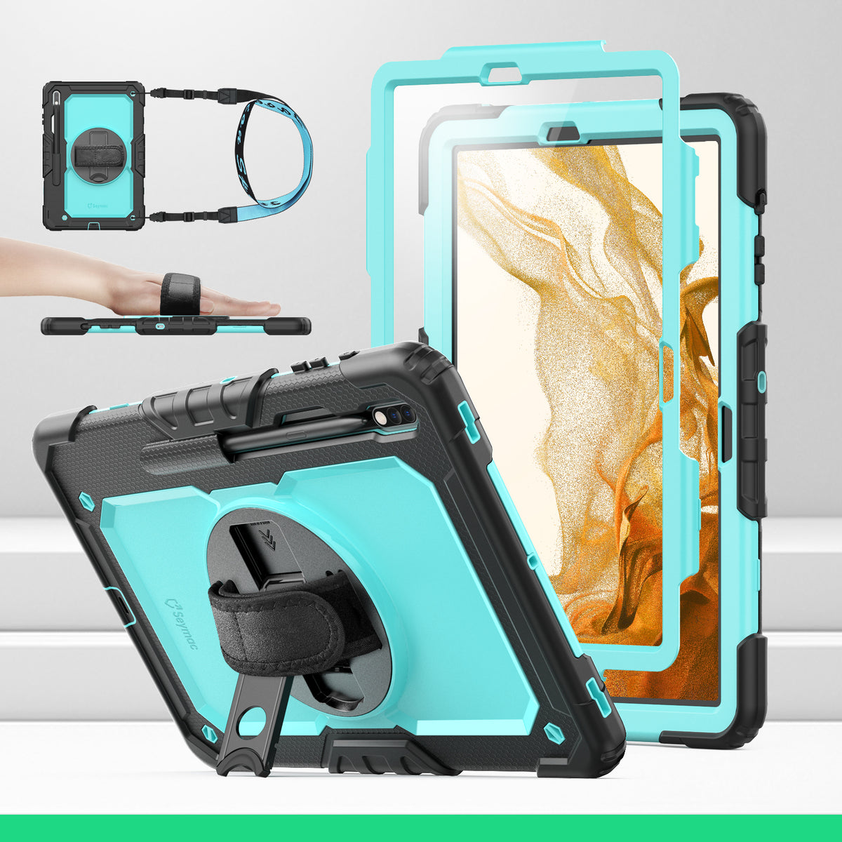 Samsung Galaxy Tab S8+/S7+/S7 FE 12.4 Inch rugged case with hand strap, SkyBlue