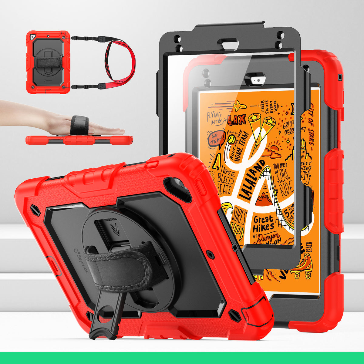 iPad Mini (4th/5th Gen) 7.9-Inch rugged case with hand strap, Red