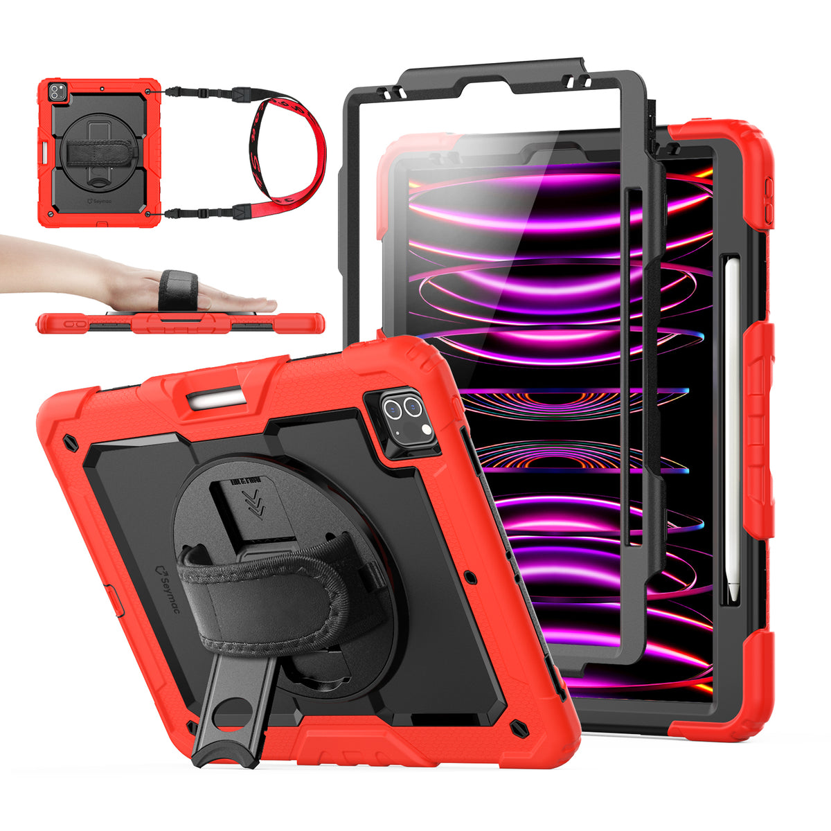 iPad Pro 12.9 Inch (3rd/4th/5th/6th Gen) rugged case with hand strap, Red