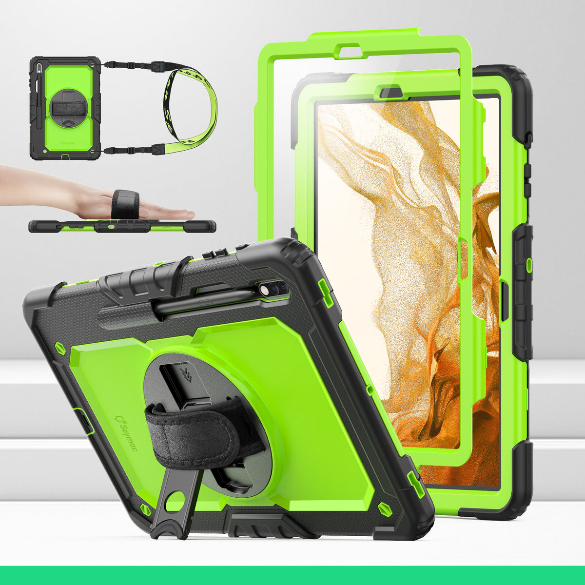 Samsung Galaxy Tab S8+/S7+/S7 FE 12.4 Inch rugged case with hand strap, Lime Green