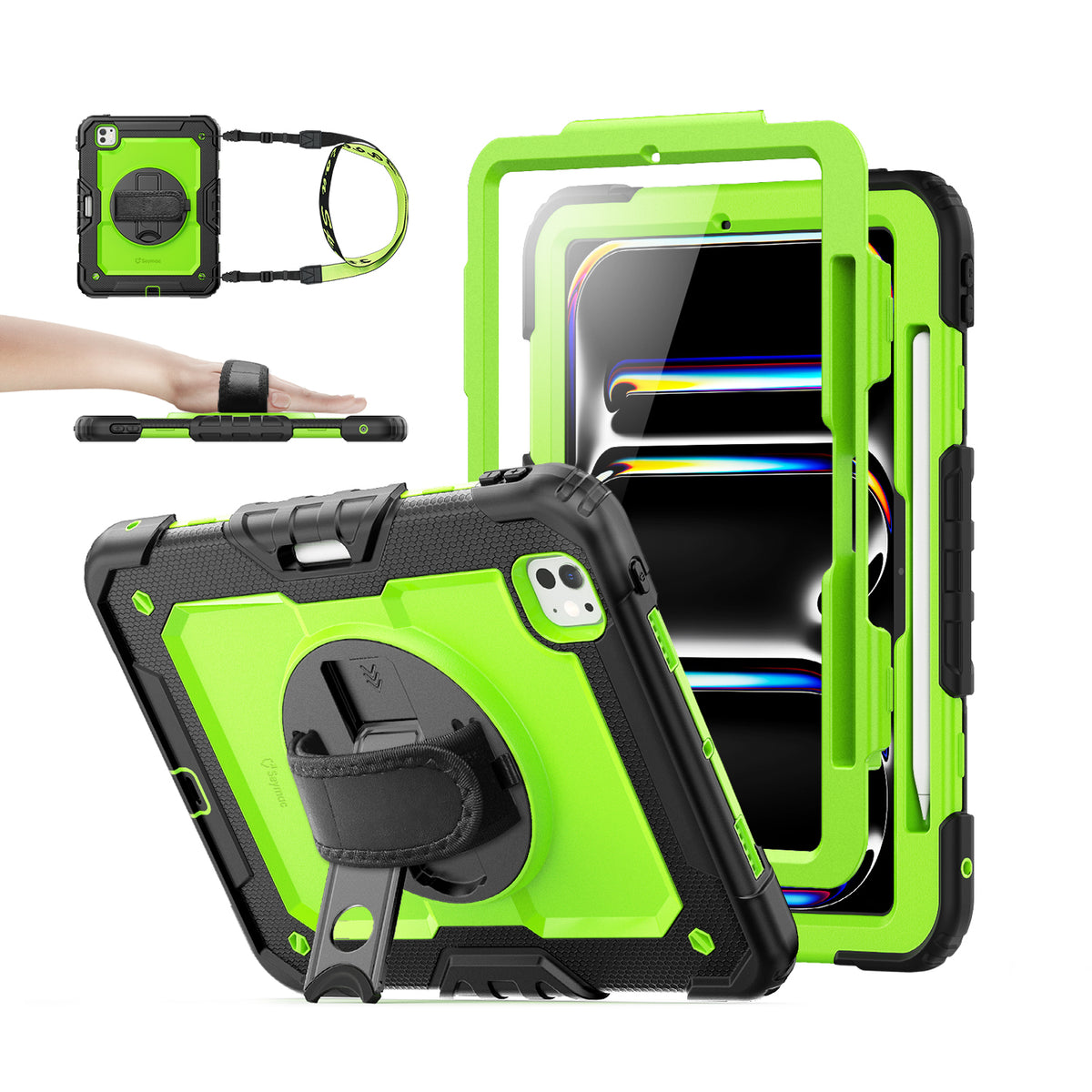 iPad Pro 11 Inch (M5/M4) rugged case with hand strap, Lime Green