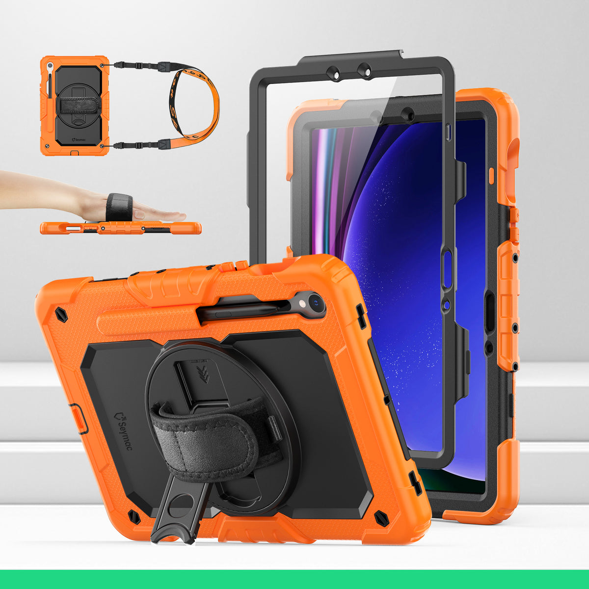 Samsung Galaxy Tab S10 Lite/S10 FE/S9 FE/S9 10.9/11 Inch rugged case with hand strap, Orange
