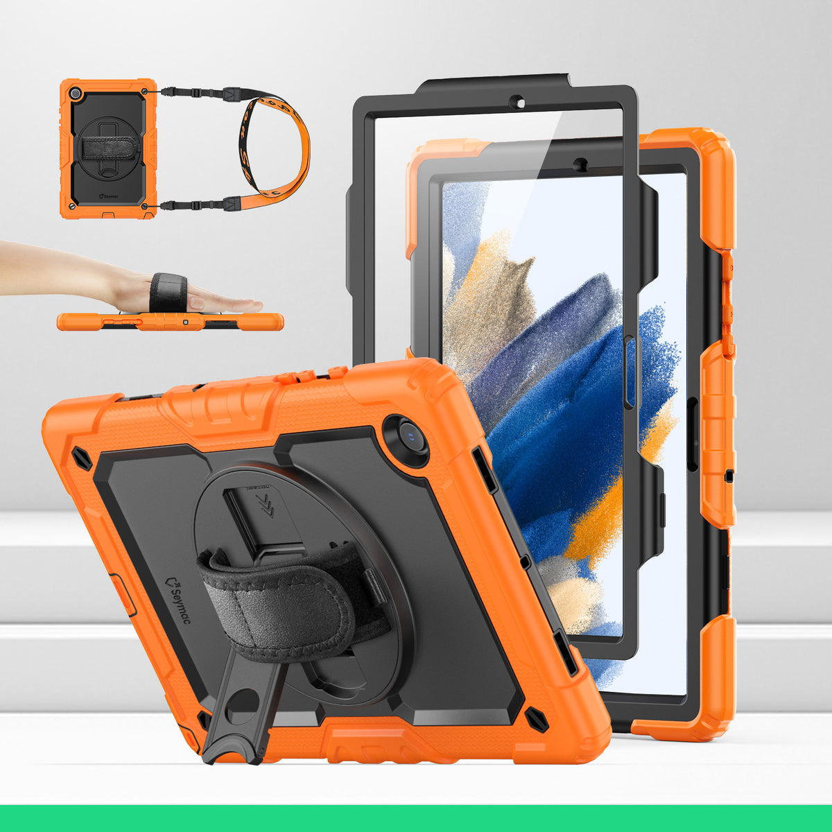 Samsung Galaxy Tab A8 10.5-Inch rugged case with hand strap, Orange