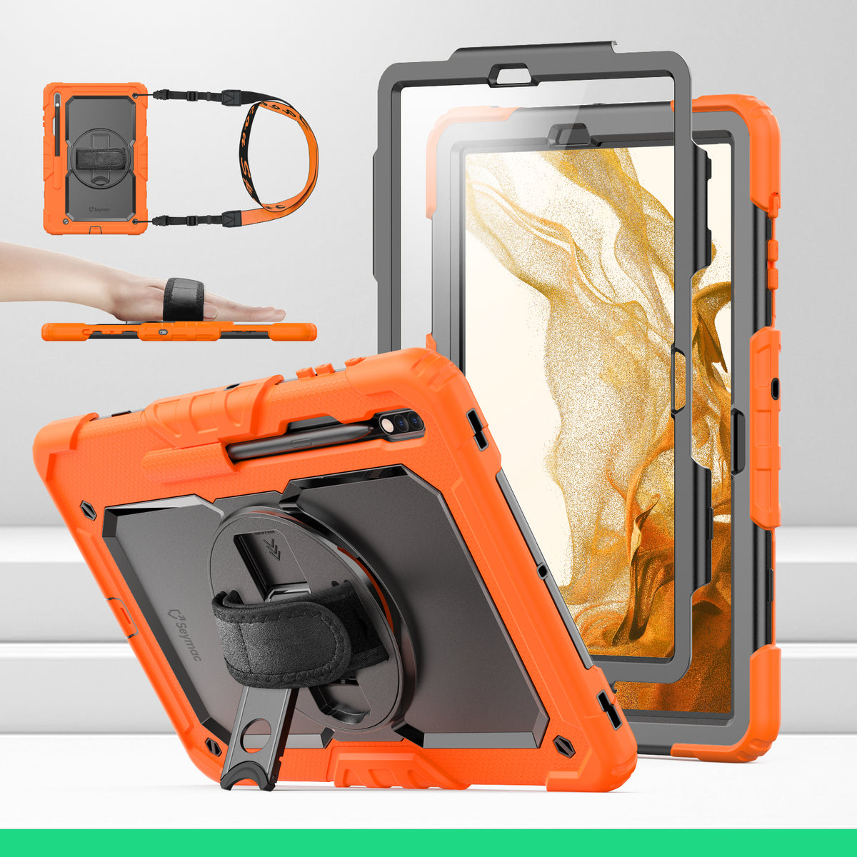 Samsung Galaxy Tab S8+/S7+/S7 FE 12.4 Inch rugged case with hand strap, Orange