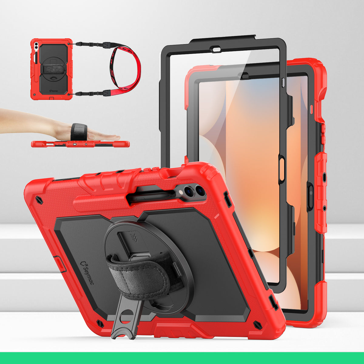 Samsung Galaxy Tab S10+/S9 FE+/S9+ 12.4-Inch rugged case with hand strap, Red