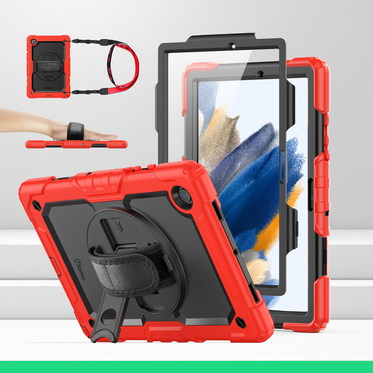 Samsung Galaxy Tab A8 10.5-Inch rugged case with hand strap, Red
