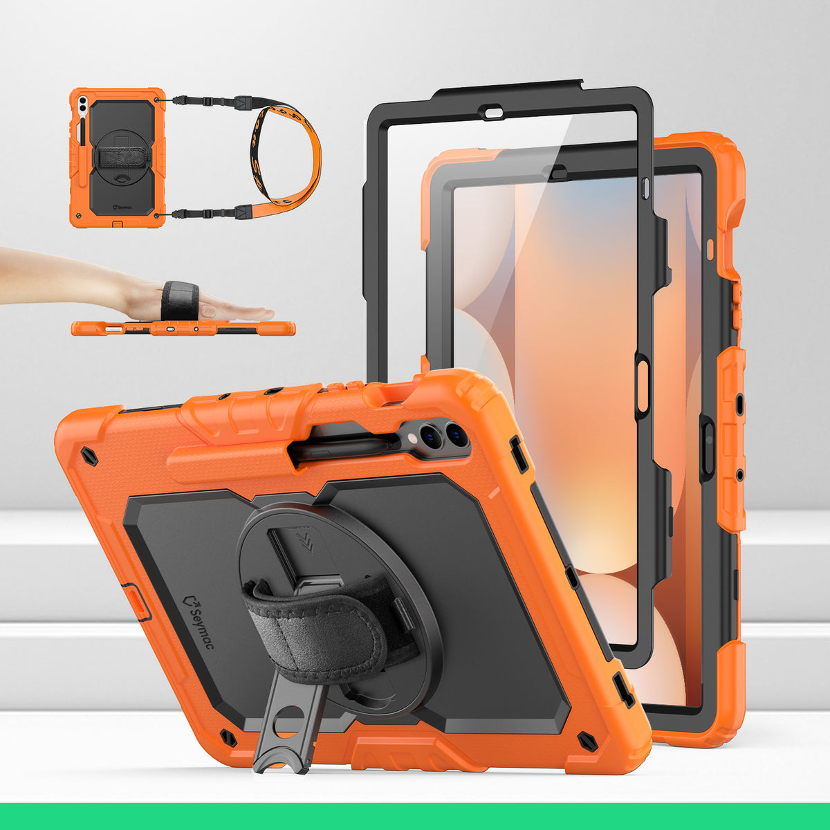 Samsung Galaxy Tab S10+/S9 FE+/S9+ 12.4-Inch rugged case with hand strap, Orange