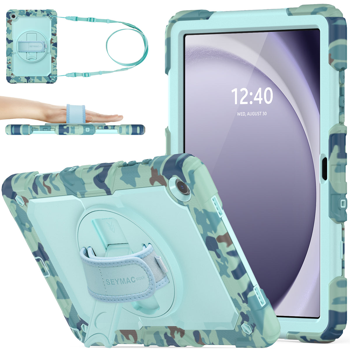 Samsung Galaxy Tab A9+ 11-Inch rugged case with hand strap, Skyblue Camo