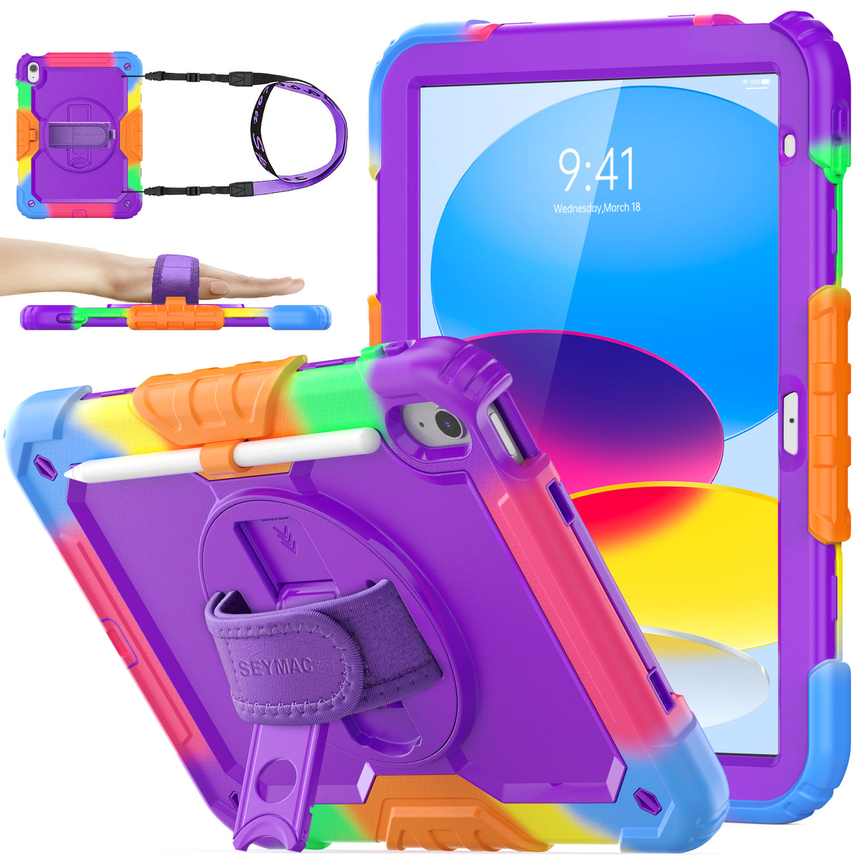 iPad A16/10th Gen rugged case with hand strap, Rainbow Purple