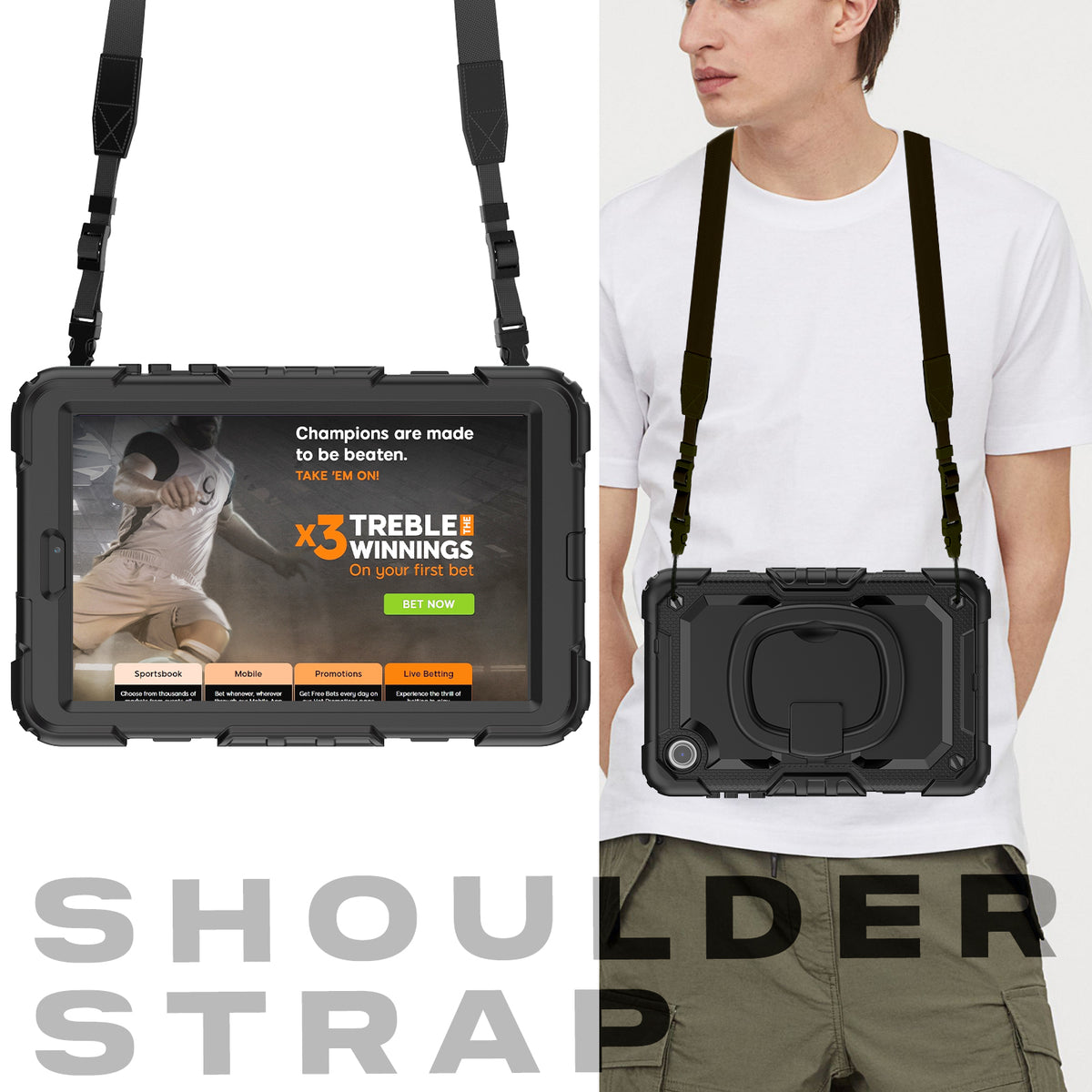 SEYMAC Lenovo Tab M8 (4th Gen) 8 Inch Case with shoulder strap displayed on a model.