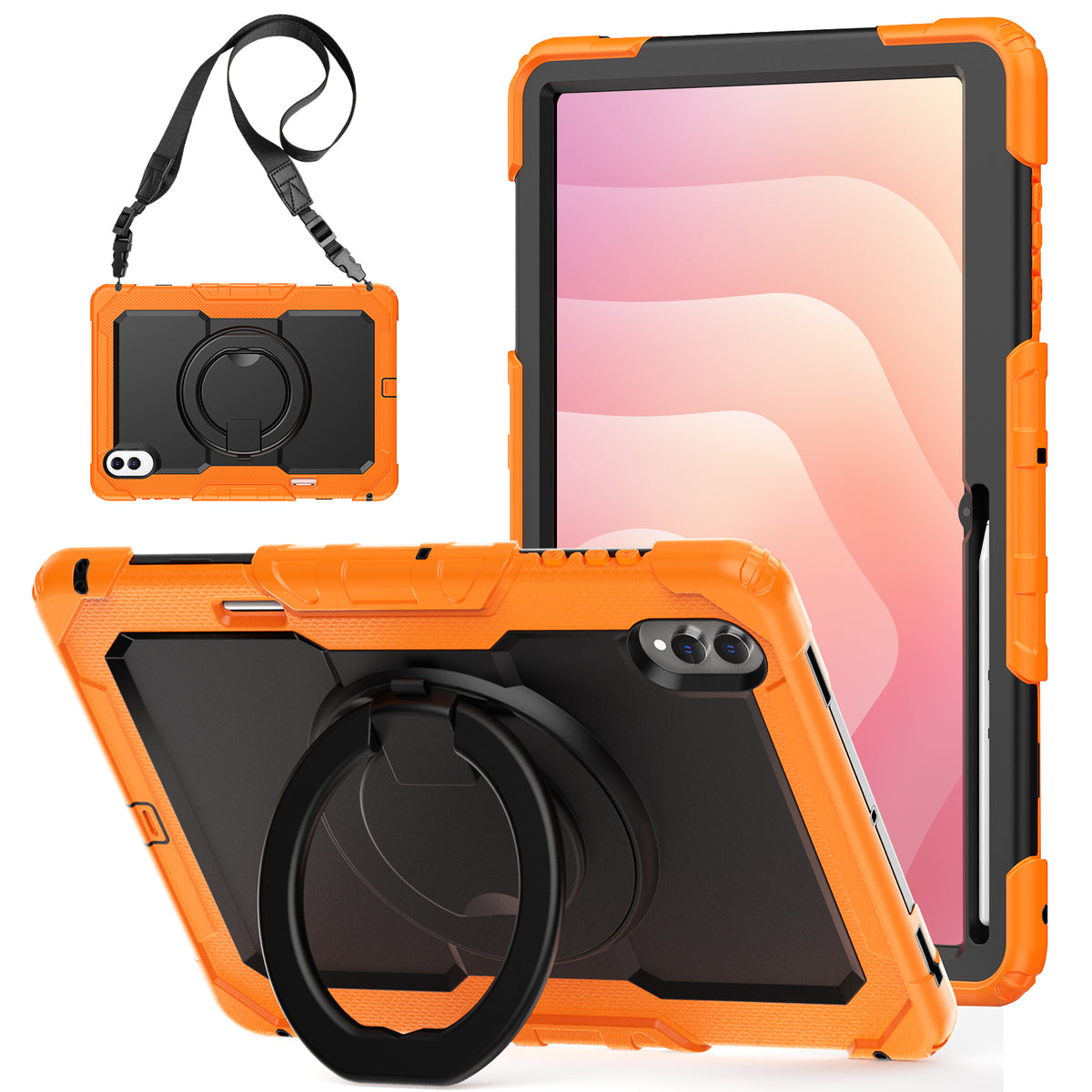 SEYMAC Galaxy Tab S11 Ultra 14.6 Inch Case (2025) in orange with shoulder strap and 360° rotating handle.
