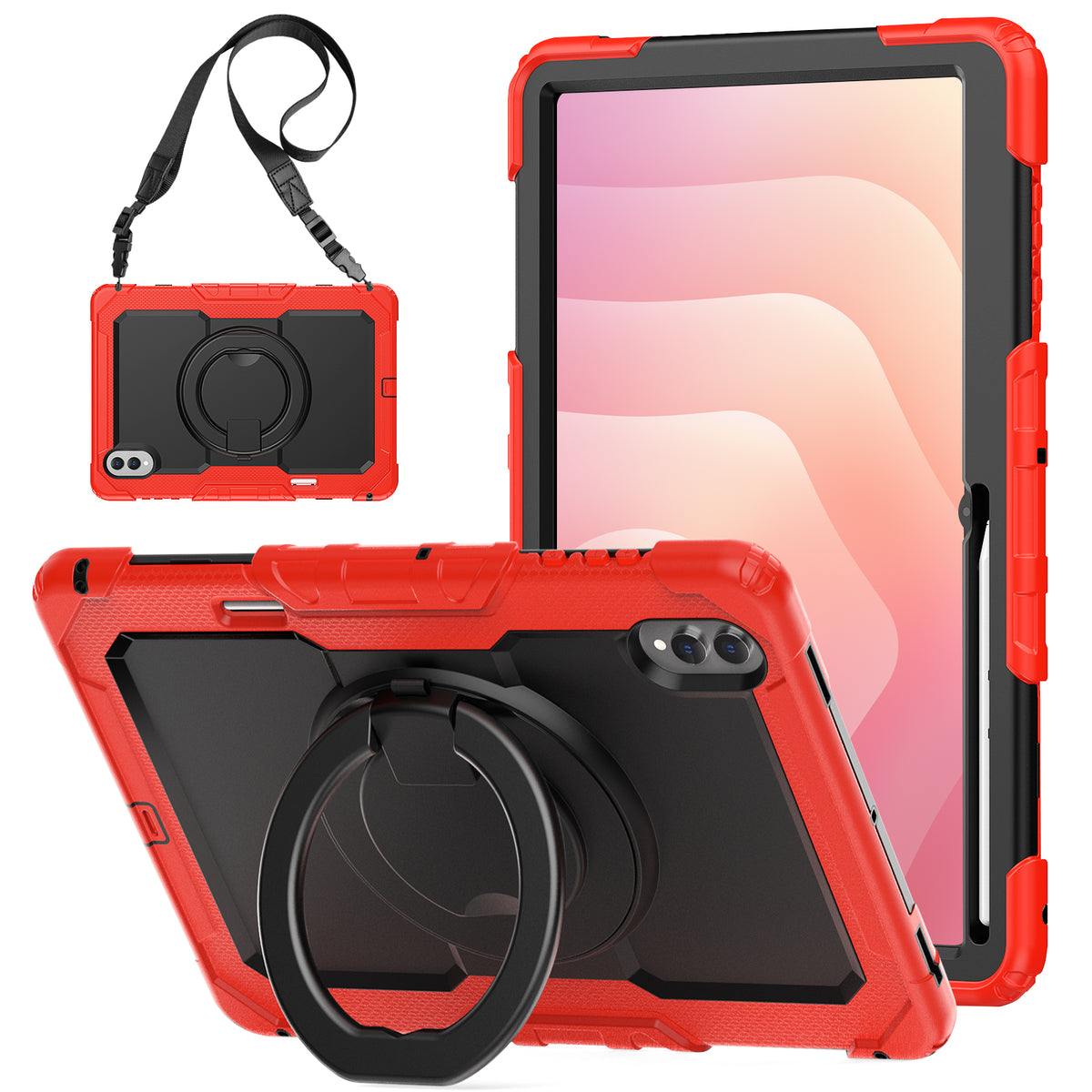 SEYMAC Galaxy Tab S11 Ultra 14.6 Inch Case (2025) in red with rotating handle and shoulder strap.