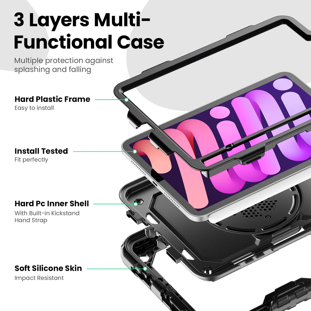 iPad Mini (A17 Pro/6th Gen) 8.3-Inch Rugged Case with 360° Rotating Hand Grip