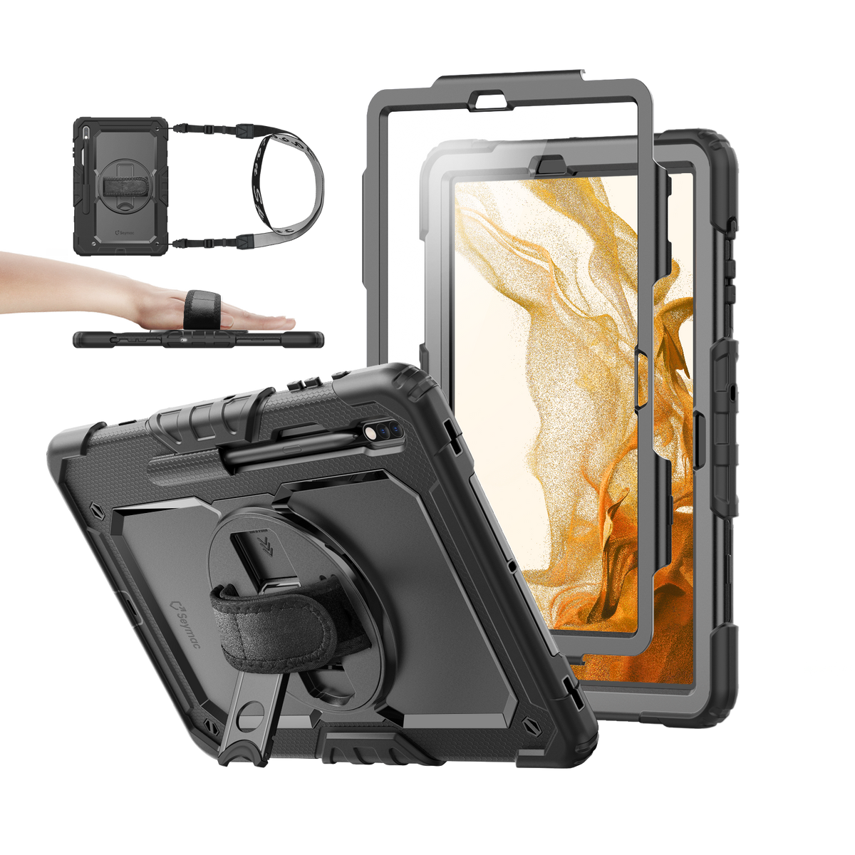 Samsung Galaxy Tab S8+/S7+/S7 FE 12.4 Inch rugged case with hand strap, black