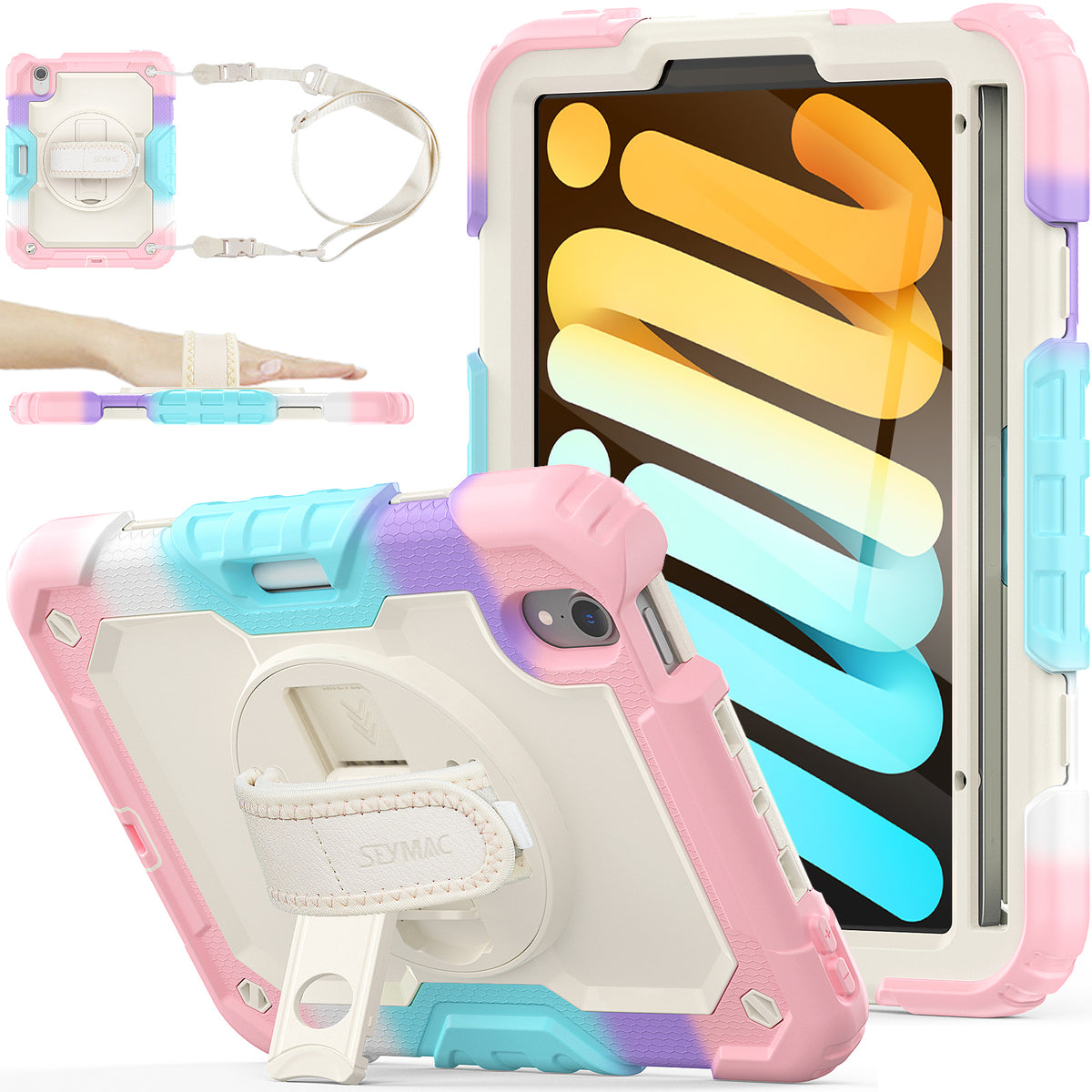 iPad Mini (A17 Pro/6th Gen) 8.3-Inch rugged case with hand strap, Rainbow Pink
