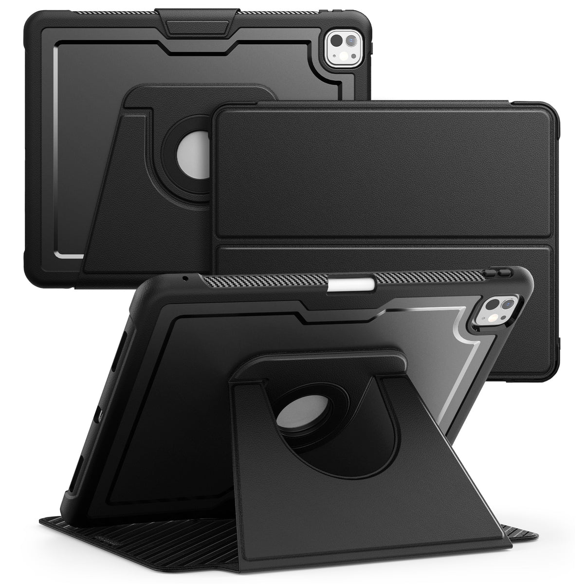 SEYMAC iPad Pro 13 Inch Case (M5/M4) in black, showcasing multiple viewing angles and detachable cover design.