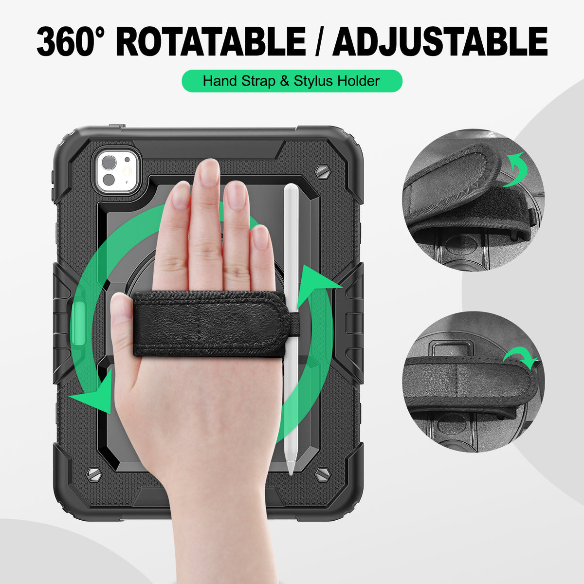 iPad Pro 11 Inch (M5/M4) rugged case with hand strap, 360° rotatable hand strap & stylus holder