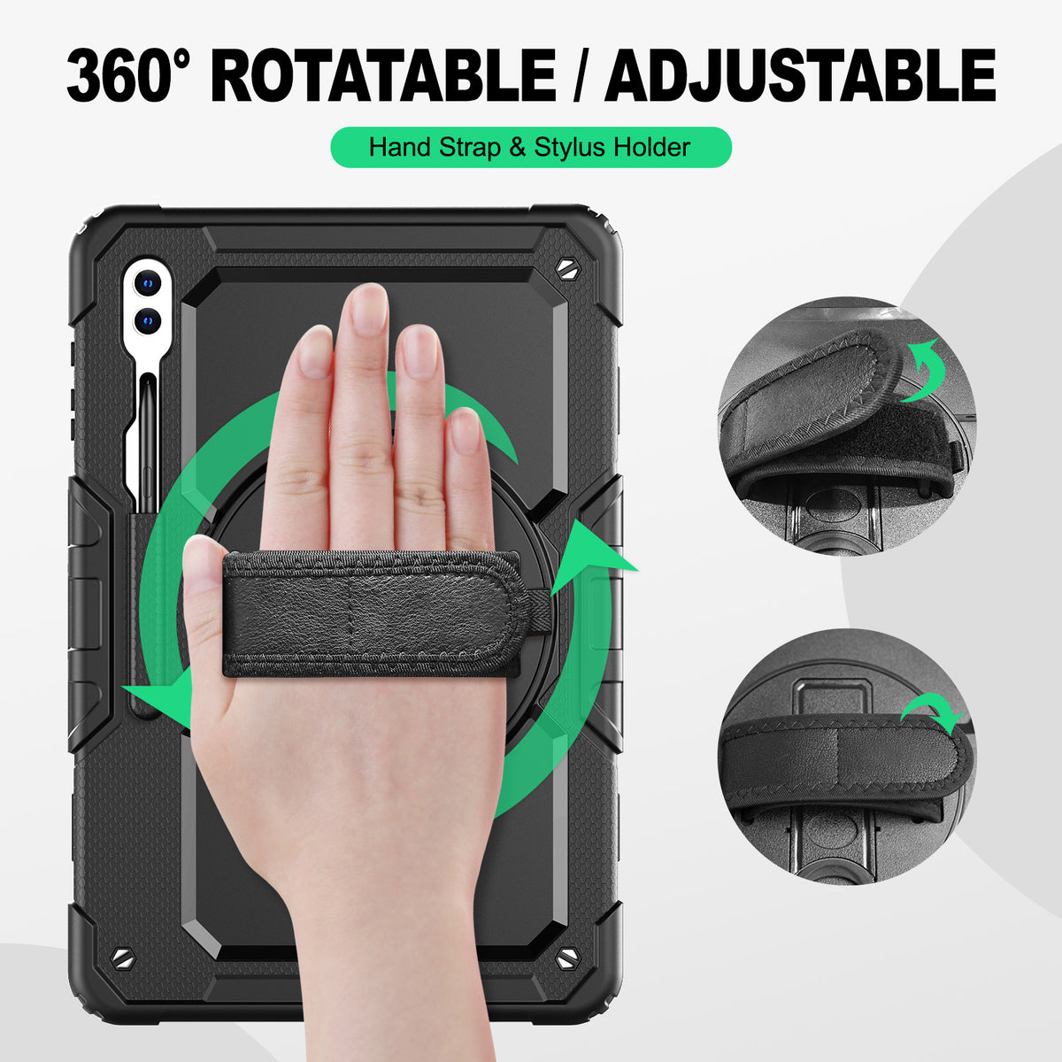 Samsung Galaxy Tab S10/S9/S8 Ultra 14.6-Inch rugged case with hand strap, 360° rotatable hand strap & stylus holder