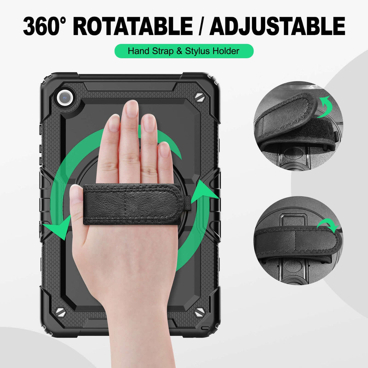 Samsung Galaxy Tab A9+ 11-Inch rugged case with hand strap, 360° rotatable hand strap & stylus holder