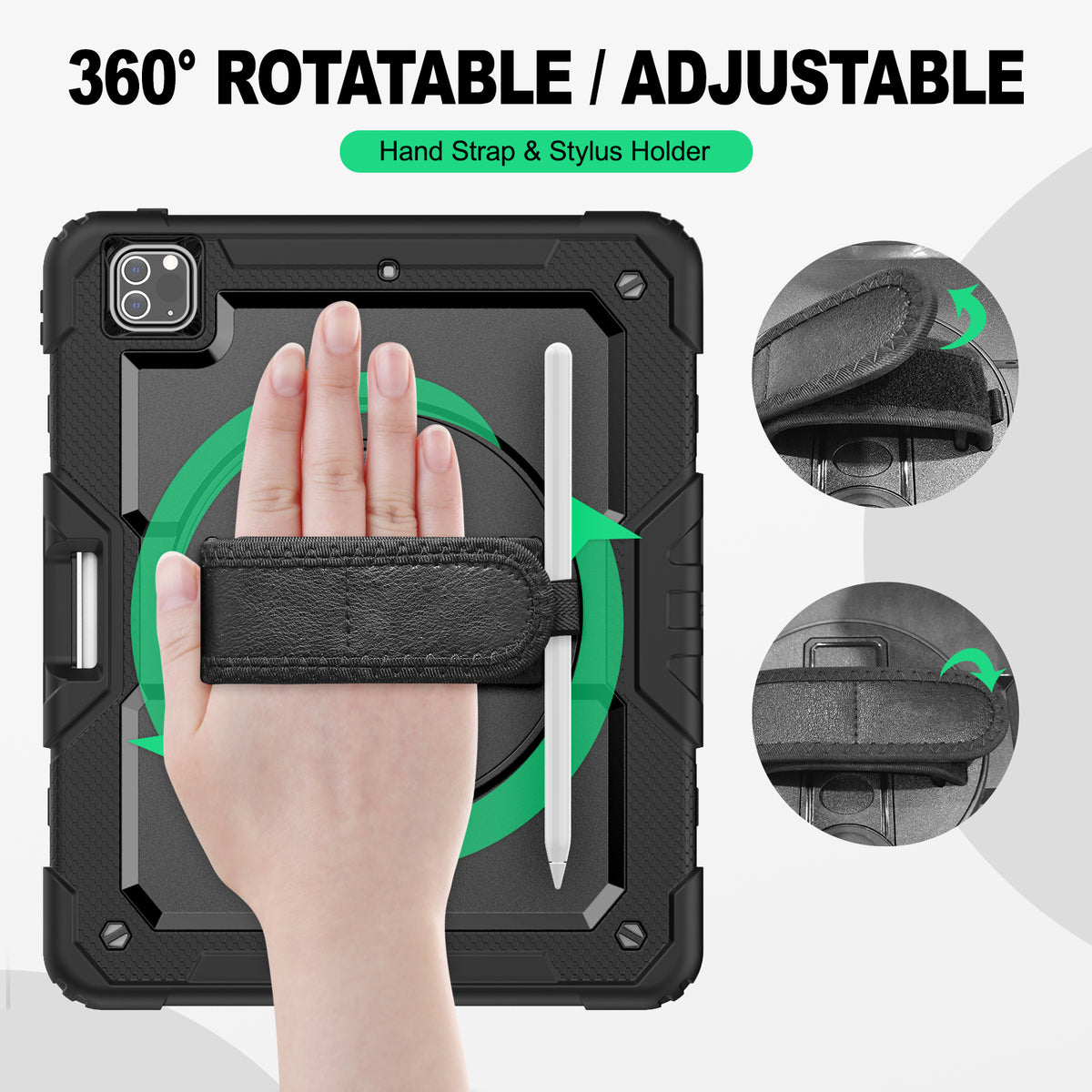 iPad Pro 12.9 Inch (3rd/4th/5th/6th Gen) rugged case with hand strap, 360° rotatable hand strap & stylus holder