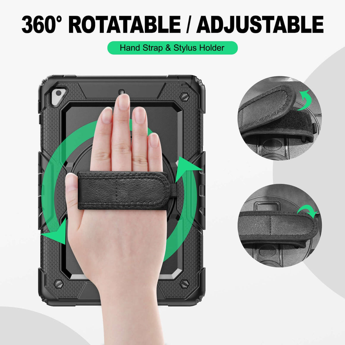 iPad Air (2nd Gen) 9.7-Inch rugged case with hand strap, 360° rotatable hand strap & stylus holder