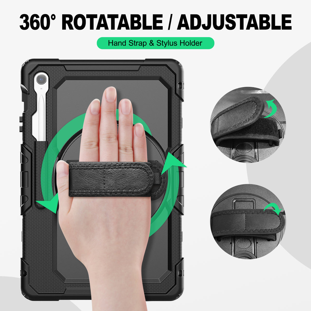 Samsung Galaxy Tab S10 FE+ 13.1-Inch rugged case with hand strap, 360° rotatable hand strap & stylus holder