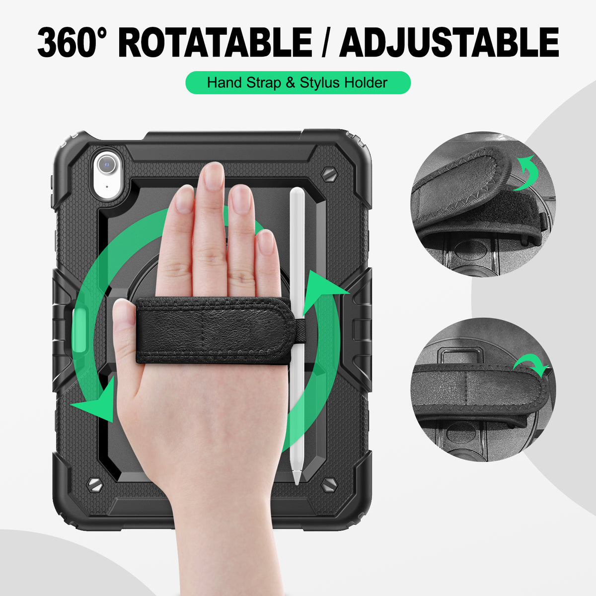 iPad Air 11-Inch (M4/M2/M3) rugged case with hand strap, 360° rotatable hand strap & stylus holder