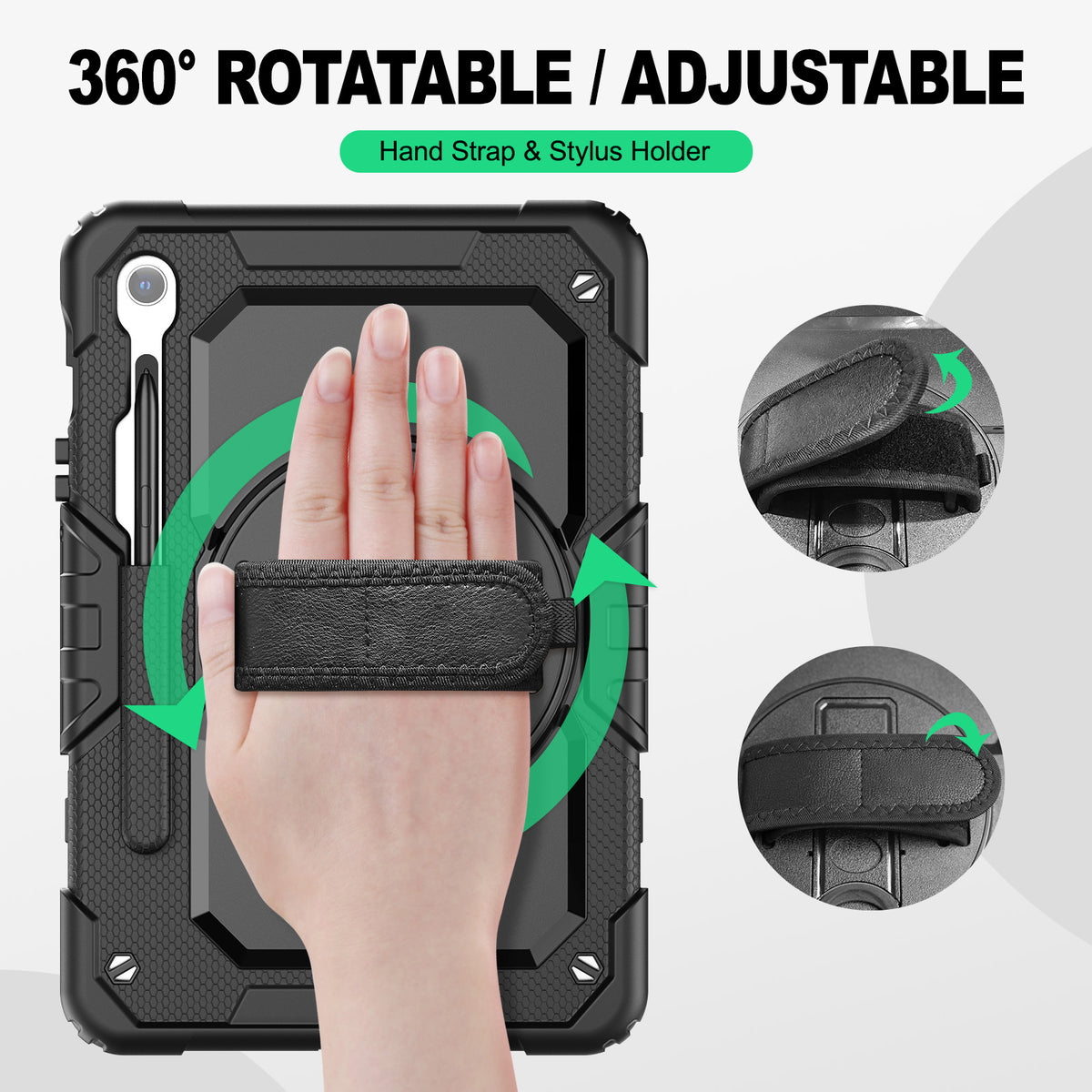 Samsung Galaxy Tab S10 Lite/S10 FE/S9 FE/S9 10.9/11 Inch rugged case with hand strap, 360° rotatable hand strap & stylus holder