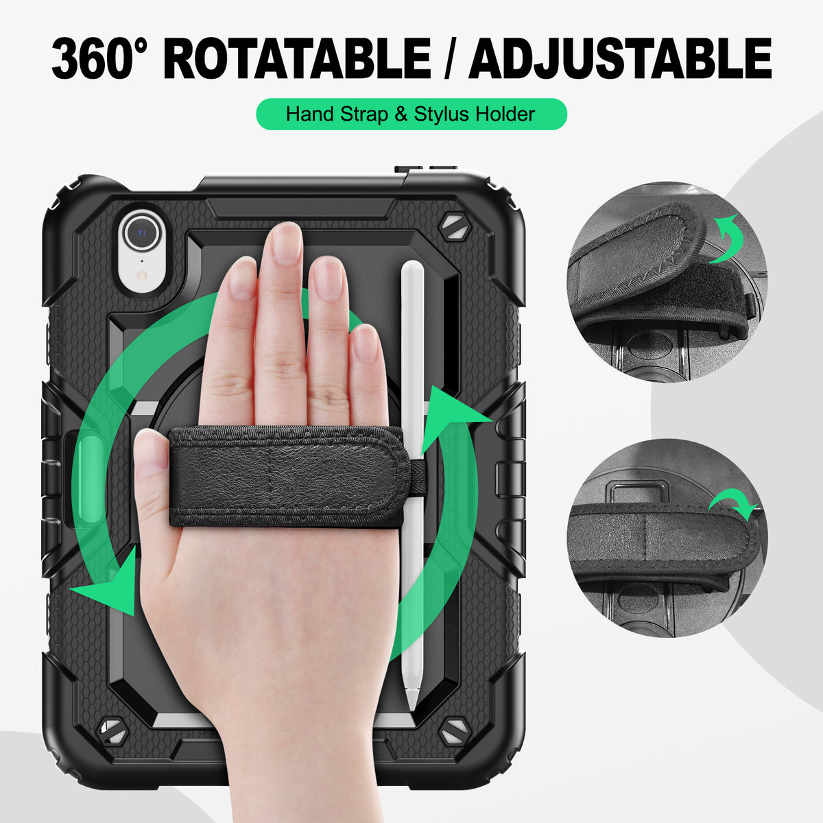 iPad Mini (A17 Pro/6th Gen) 8.3-Inch rugged case with hand strap, 360° rotatable hand strap & stylus holder
