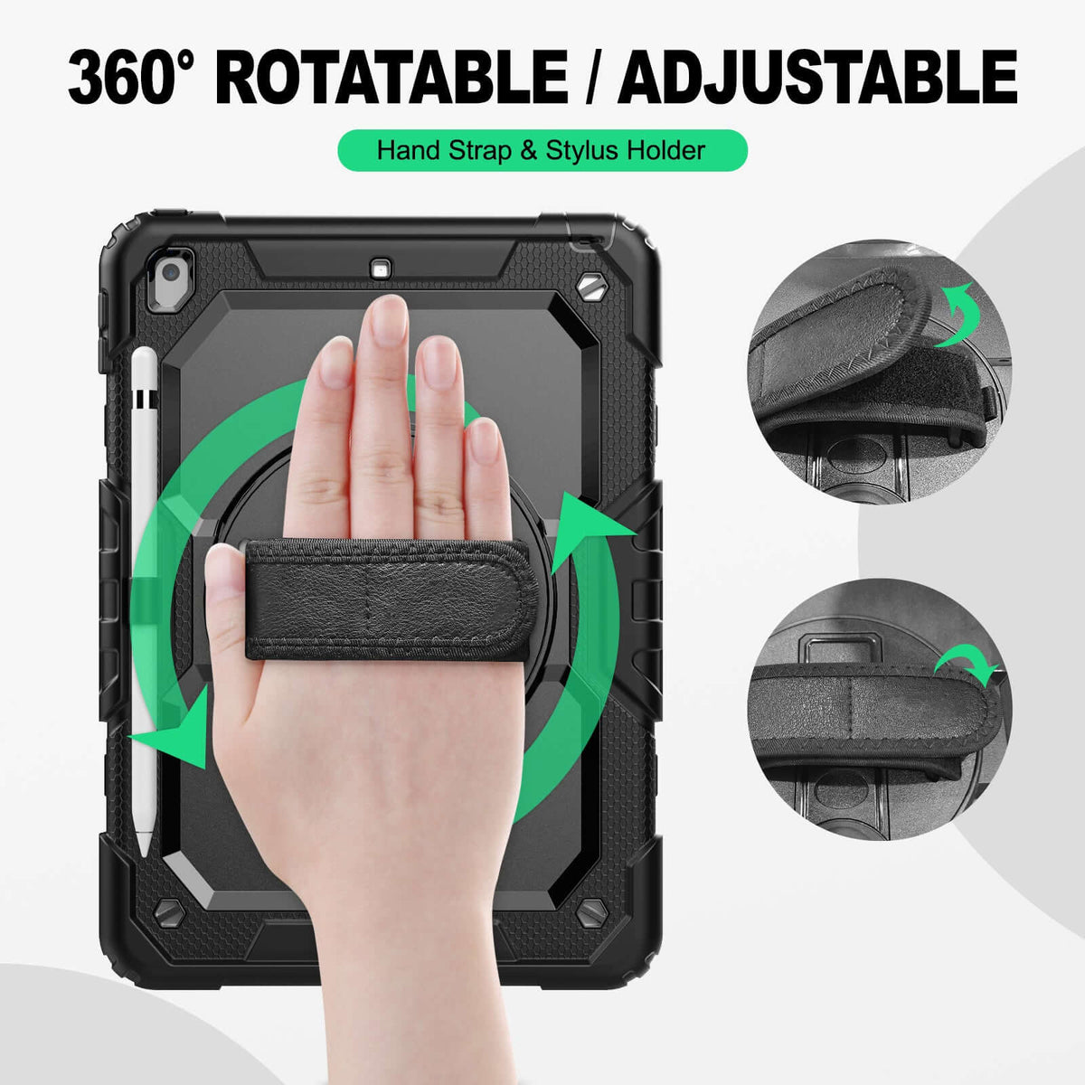 iPad 10.2 Inch 7th/8th/9th Gen rugged case with hand strap, 360° rotatable hand strap & stylus holder