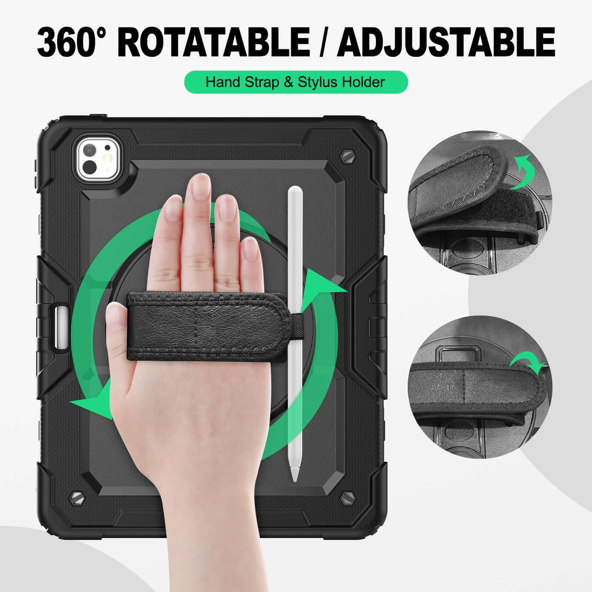 iPad Pro 13 Inch (M5/M4) rugged case with hand strap, 360° rotatable hand strap & stylus holder