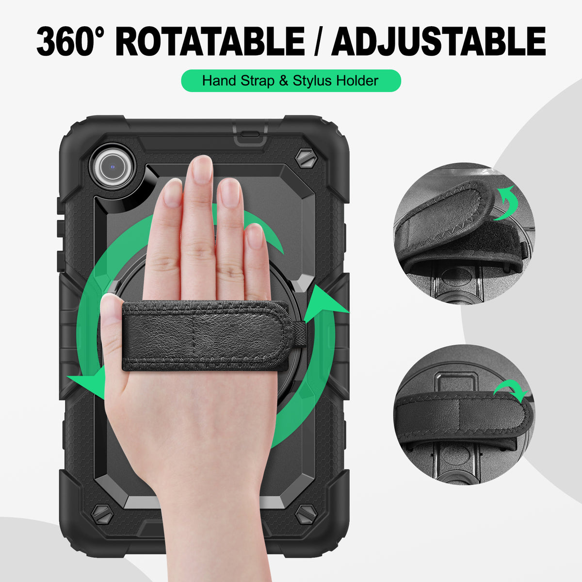 Lenovo Tab M8 (4th Gen) 8-Inch rugged case with hand strap, 360° rotatable hand strap & stylus holder