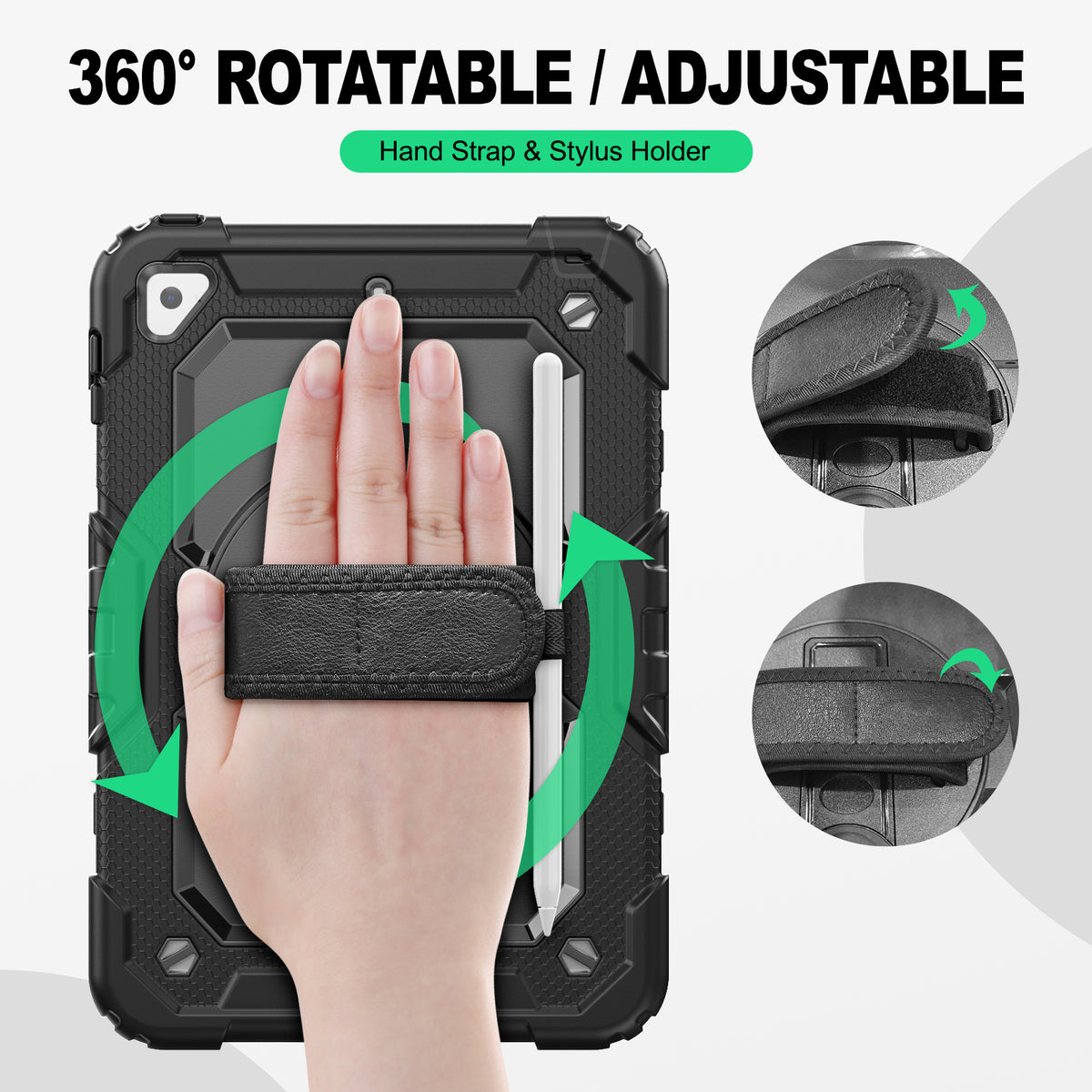 iPad Mini (4th/5th Gen) 7.9-Inch rugged case with hand strap, 360° rotatable hand strap & stylus holder