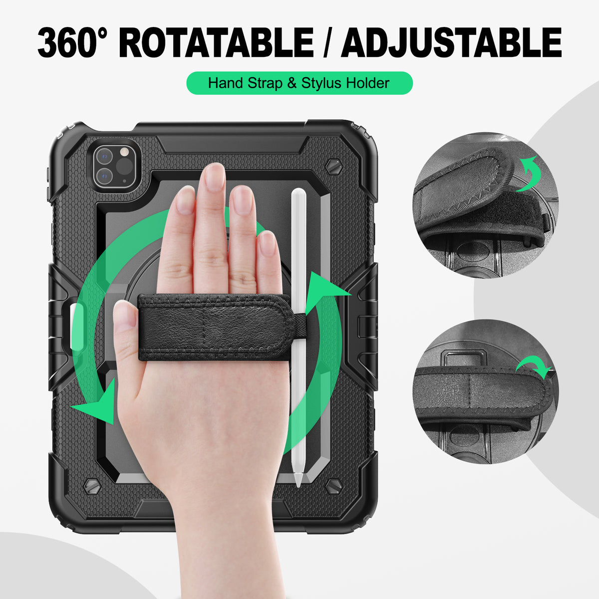 iPad Pro 11" (4th/3rd/2nd/1st Gen) rugged case with hand strap, 360° rotatable hand strap & stylus holder