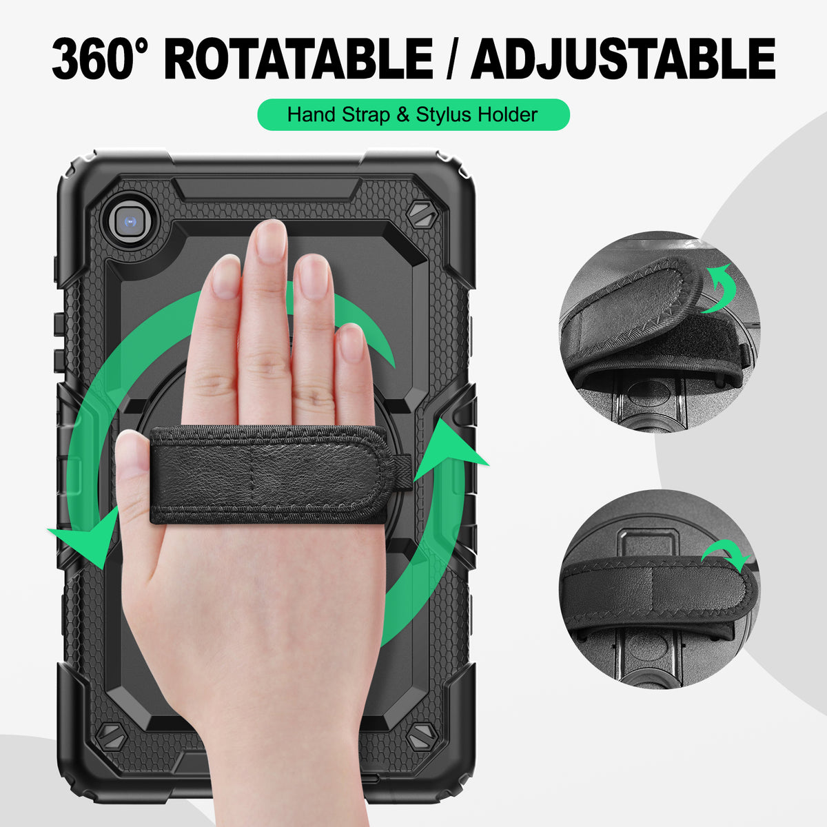 Samsung Galaxy Tab A7 Lite 8.7-Inch rugged case with hand strap, 360° rotatable hand strap & stylus holder